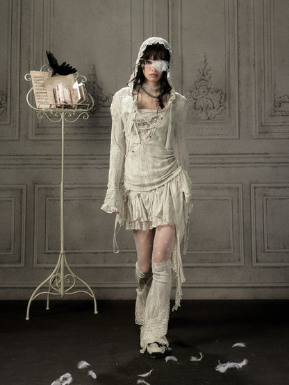 Patchwork Lace Hooded Beige Fake Two-Piece Long-Sleeve T-Shirt【s0000018943】