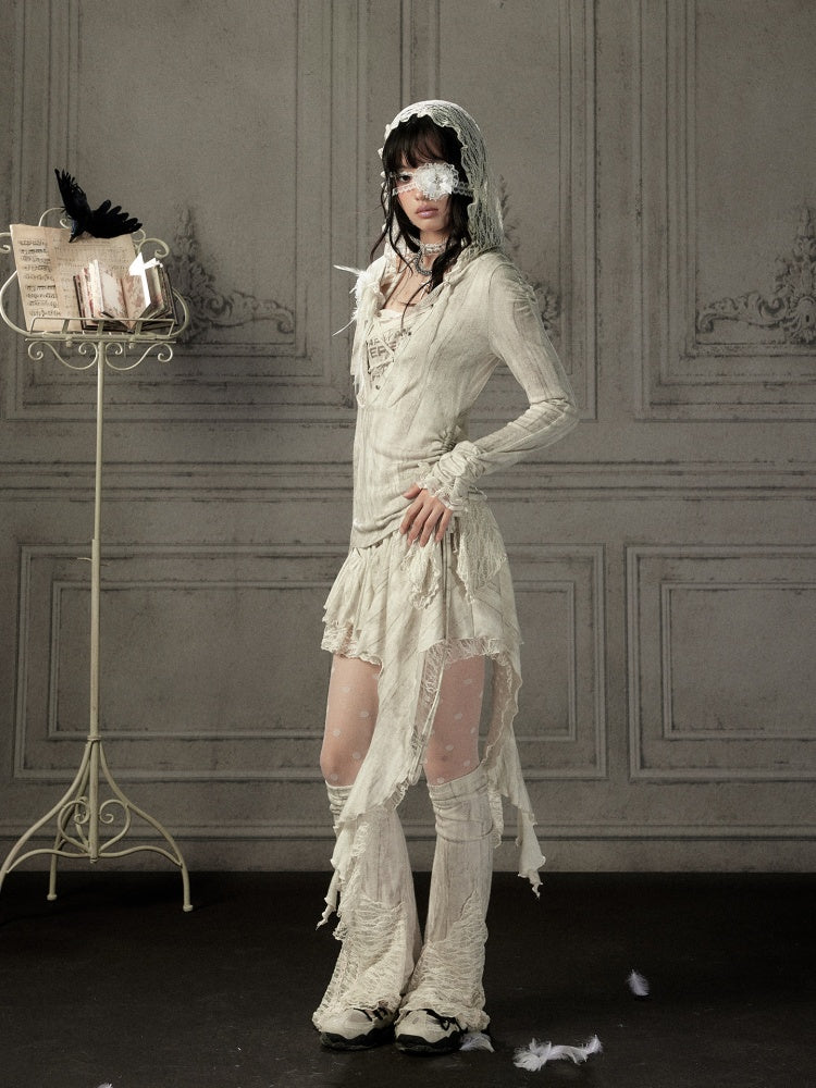 Patchwork Lace Hooded Beige Fake Two-Piece Long-Sleeve T-Shirt【s0000018943】