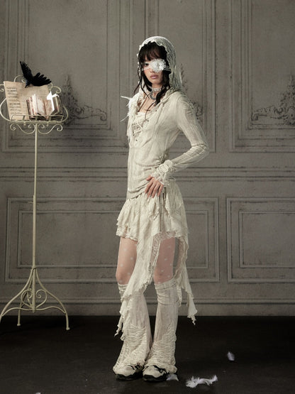 Patchwork Lace Hooded Beige Fake Two-Piece Long-Sleeve T-Shirt【s0000018943】