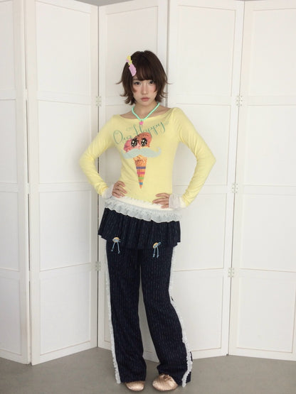 Y2K Candy Color Girl's Print Boat Neck Lace Stretch Slimming Top【s0000018944】