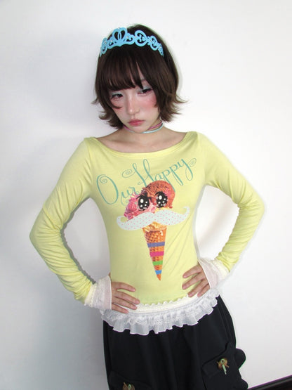 Y2K Candy Color Girl's Print Boat Neck Lace Stretch Slimming Top【s0000018944】