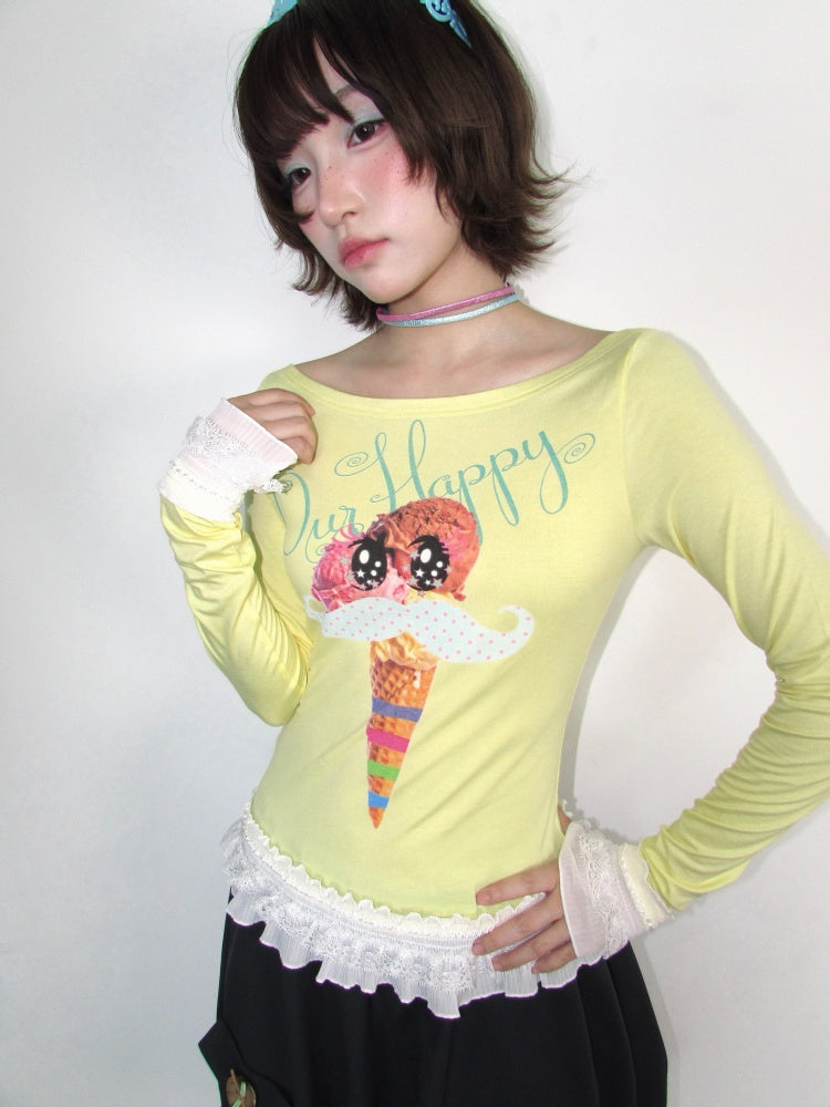 Y2K Candy Color Girl's Print Boat Neck Lace Stretch Slimming Top【s0000018944】