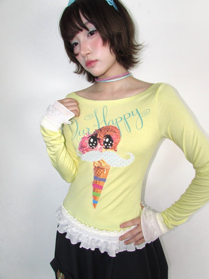 Y2K Candy Color Girl's Print Boat Neck Lace Stretch Slimming Top【s0000018944】