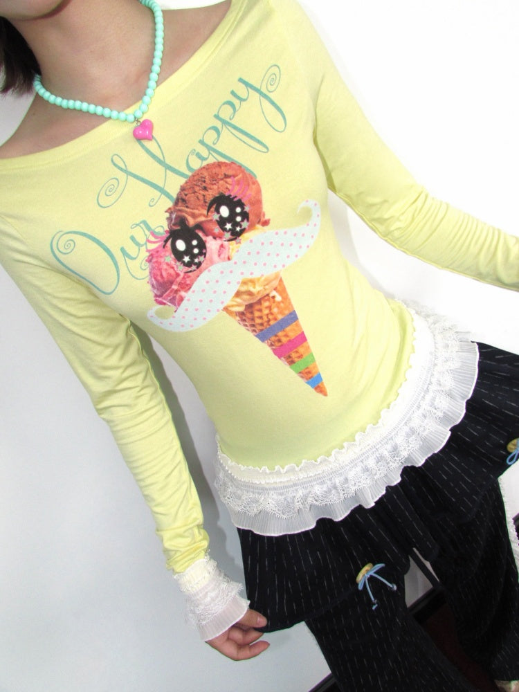 Y2K Candy Color Girl's Print Boat Neck Lace Stretch Slimming Top【s0000018944】