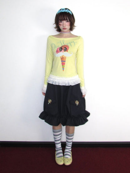 Y2K Candy Color Girl's Print Boat Neck Lace Stretch Slimming Top【s0000018944】