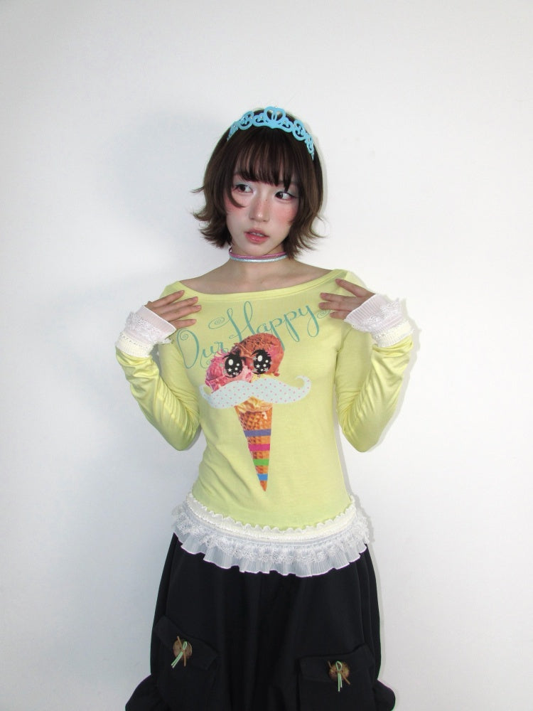 Y2K Candy Color Girl's Print Boat Neck Lace Stretch Slimming Top【s0000018944】