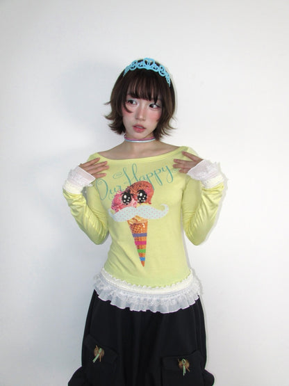 Y2K Candy Color Girl's Print Boat Neck Lace Stretch Slimming Top【s0000018944】
