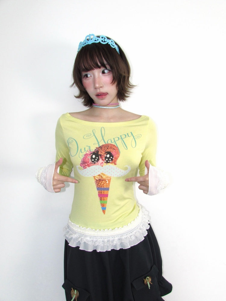 Y2K Candy Color Girl's Print Boat Neck Lace Stretch Slimming Top【s0000018944】