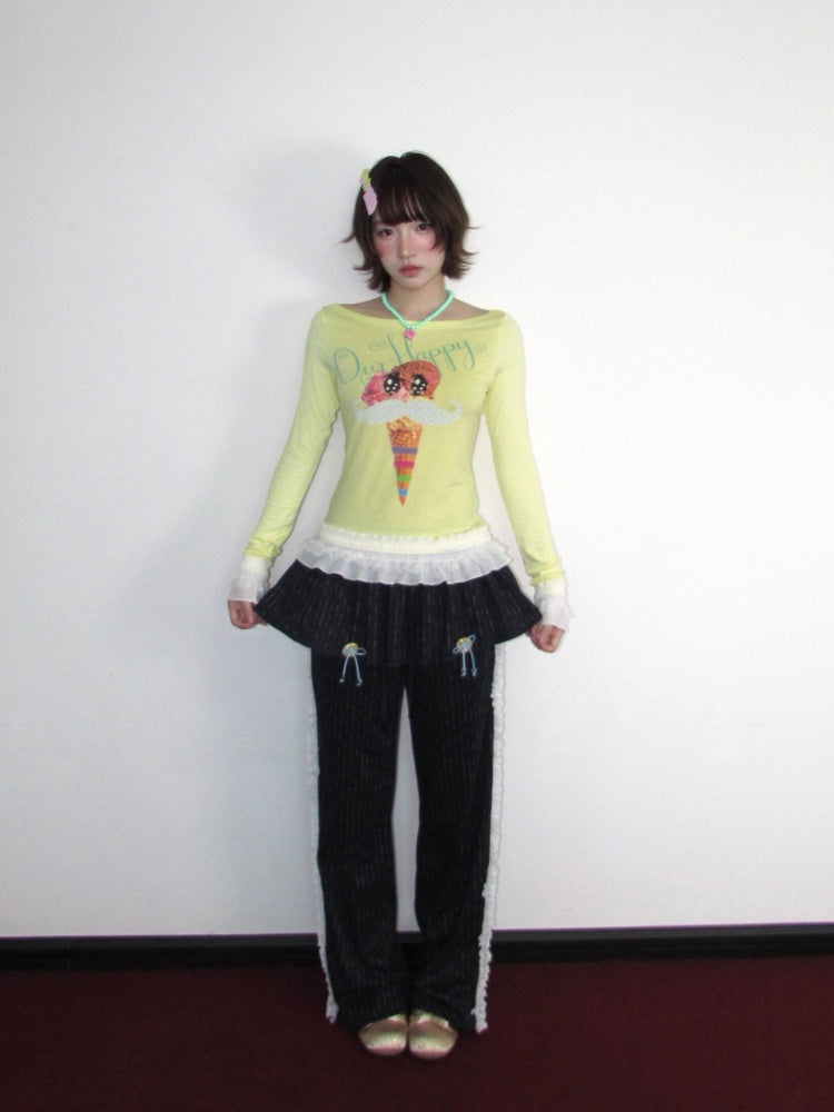 Y2K Candy Color Girl's Print Boat Neck Lace Stretch Slimming Top【s0000018944】