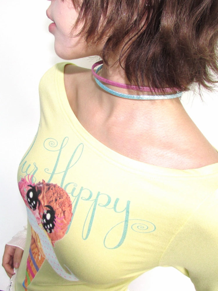 Y2K Candy Color Girl's Print Boat Neck Lace Stretch Slimming Top【s0000018944】
