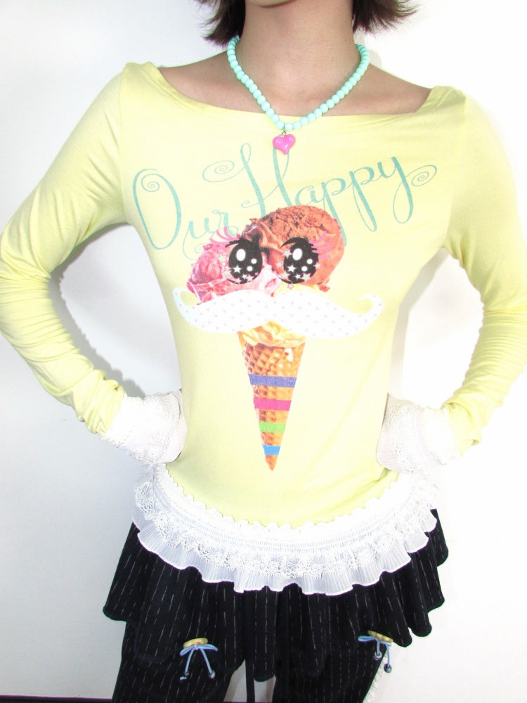 Y2K Candy Color Girl's Print Boat Neck Lace Stretch Slimming Top【s0000018944】