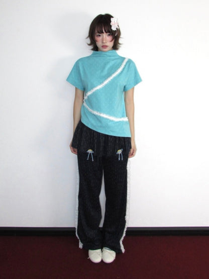 Mid-Collar Shoulder Lace Mint Jacquard Slanted Edge Short-Sleeve Shirt【s0000018945】