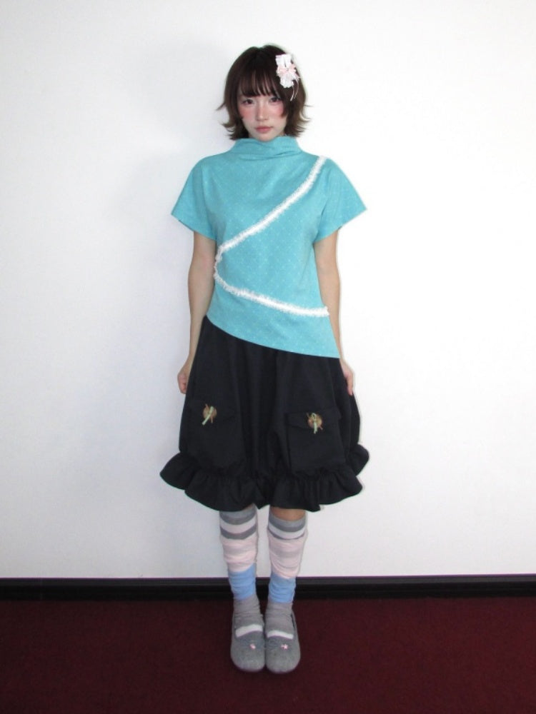 Mid-Collar Shoulder Lace Mint Jacquard Slanted Edge Short-Sleeve Shirt【s0000018945】