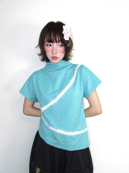 Mid-Collar Shoulder Lace Mint Jacquard Slanted Edge Short-Sleeve Shirt【s0000018945】