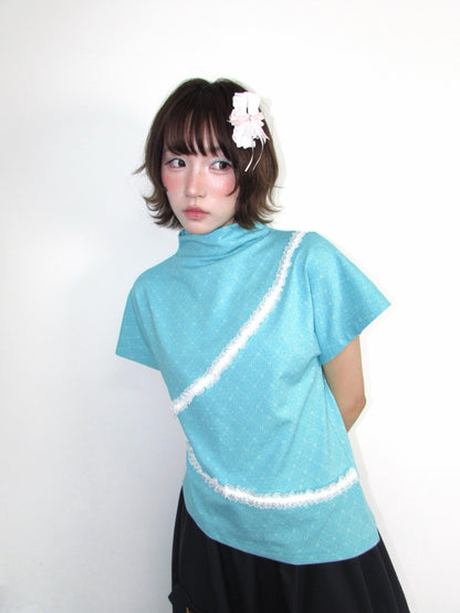 Mid-Collar Shoulder Lace Mint Jacquard Slanted Edge Short-Sleeve Shirt【s0000018945】