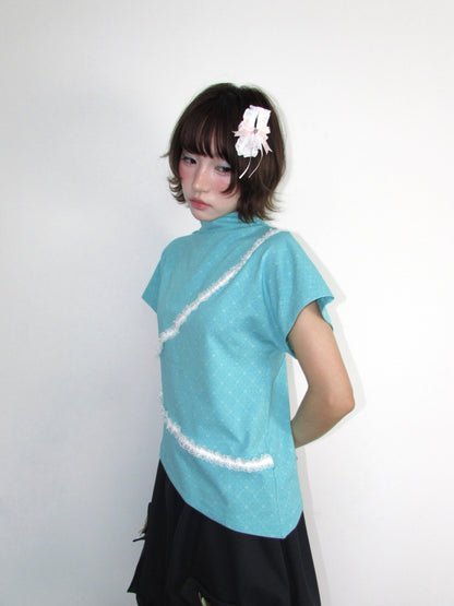 Mid-Collar Shoulder Lace Mint Jacquard Slanted Edge Short-Sleeve Shirt【s0000018945】