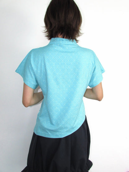 Mid-Collar Shoulder Lace Mint Jacquard Slanted Edge Short-Sleeve Shirt【s0000018945】
