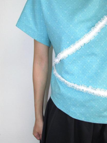 Mid-Collar Shoulder Lace Mint Jacquard Slanted Edge Short-Sleeve Shirt【s0000018945】