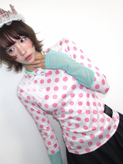 Polka Dot Mesh Color-Block Lace Shoulder Round-Neck Stretch Long-Sleeve Top【s0000018946】
