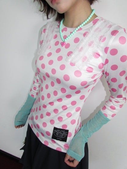 Polka Dot Mesh Color-Block Lace Shoulder Round-Neck Stretch Long-Sleeve Top【s0000018946】