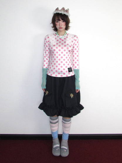 Polka Dot Mesh Color-Block Lace Shoulder Round-Neck Stretch Long-Sleeve Top【s0000018946】