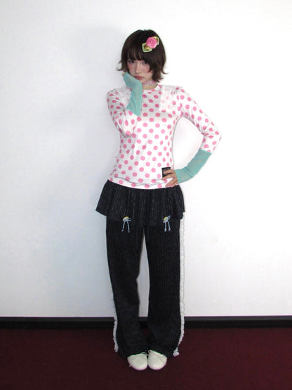 Polka Dot Mesh Color-Block Lace Shoulder Round-Neck Stretch Long-Sleeve Top【s0000018946】