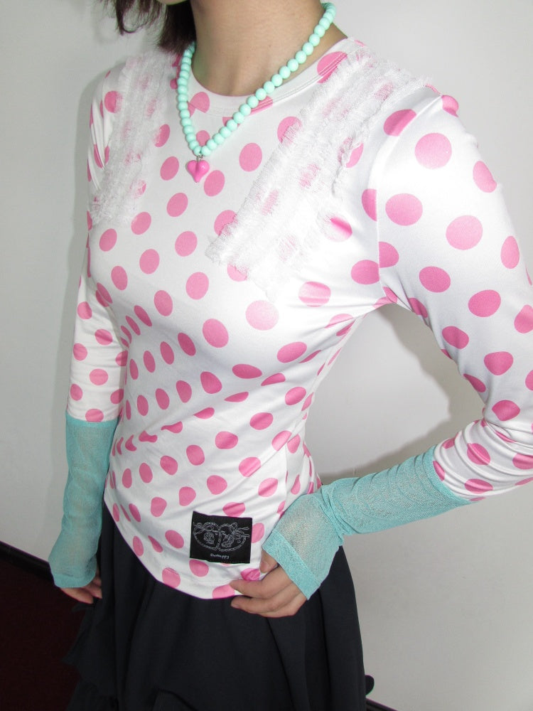 Polka Dot Mesh Color-Block Lace Shoulder Round-Neck Stretch Long-Sleeve Top【s0000018946】