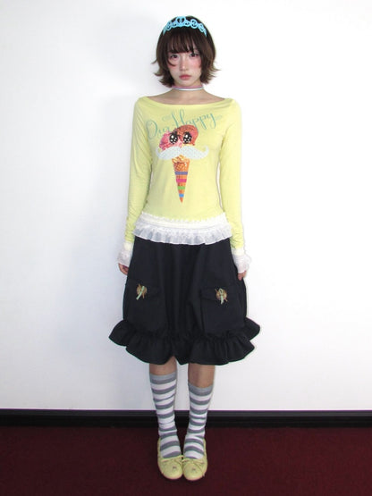 Twill Workwear Buttons Casual Ruffle Bud Midi Skirt【s0000018947】