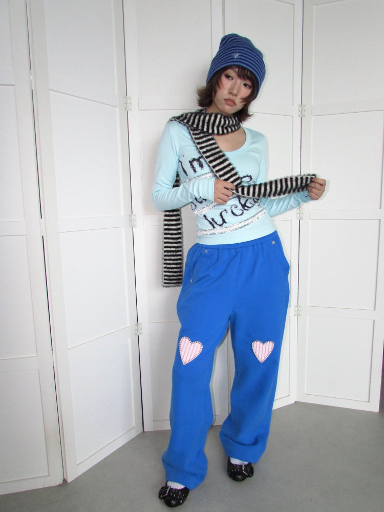 Heavyweight Thickened Terry Loose Wide-Leg Elastic Waistband Applique Heart Sweat Pants【s0000018948】