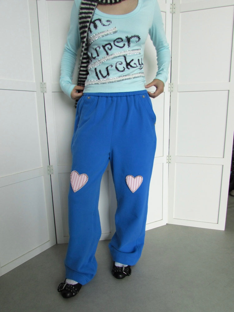 Heavyweight Thickened Terry Loose Wide-Leg Elastic Waistband Applique Heart Sweat Pants【s0000018948】