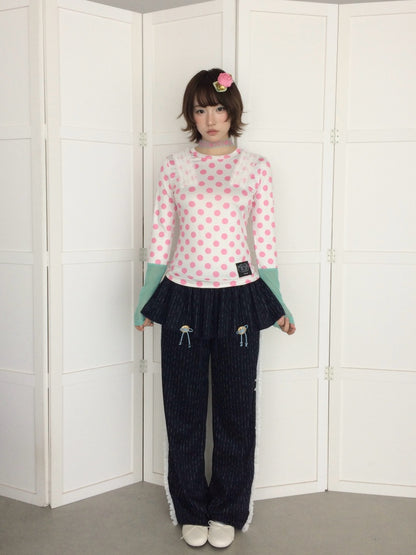 Decorative Buttons Vertical Striped Lace Brushed Loose Straight-Leg Slimming Skirt Pants【s0000018949】