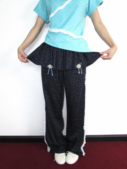 Decorative Buttons Vertical Striped Lace Brushed Loose Straight-Leg Slimming Skirt Pants【s0000018949】