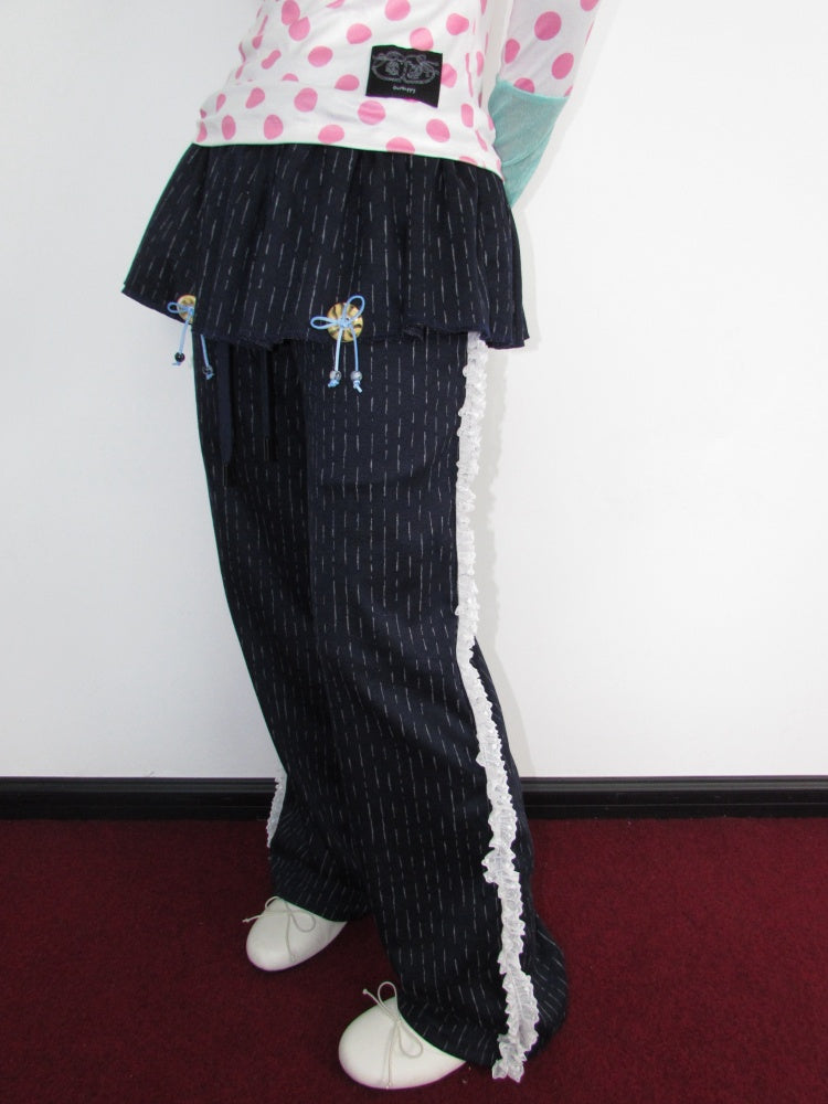 Decorative Buttons Vertical Striped Lace Brushed Loose Straight-Leg Slimming Skirt Pants【s0000018949】