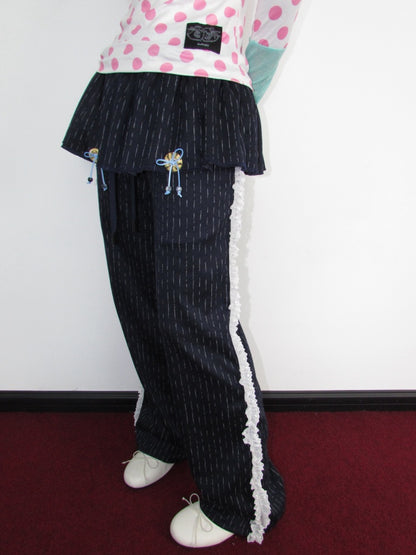 Decorative Buttons Vertical Striped Lace Brushed Loose Straight-Leg Slimming Skirt Pants【s0000018949】