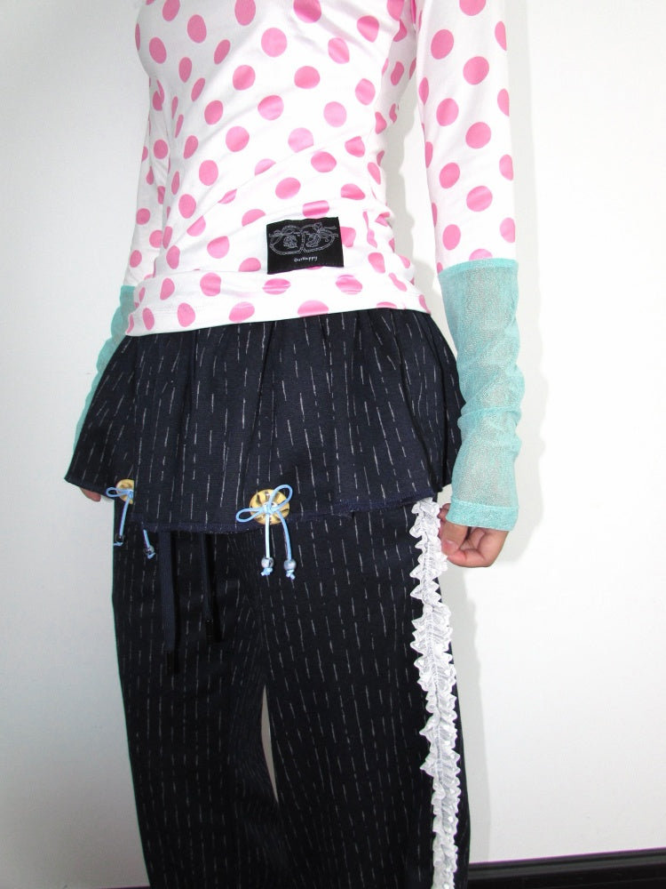 Decorative Buttons Vertical Striped Lace Brushed Loose Straight-Leg Slimming Skirt Pants【s0000018949】