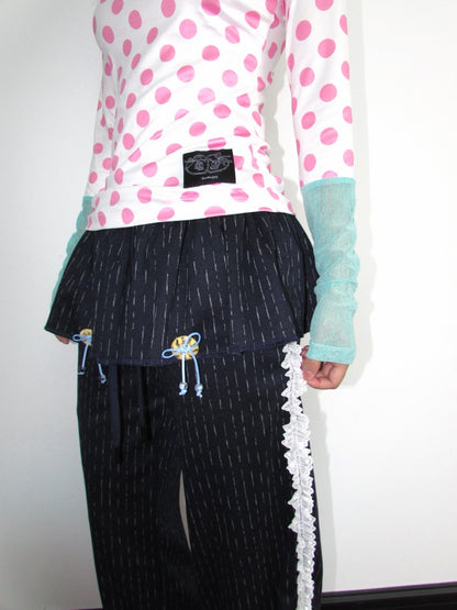 Decorative Buttons Vertical Striped Lace Brushed Loose Straight-Leg Slimming Skirt Pants【s0000018949】