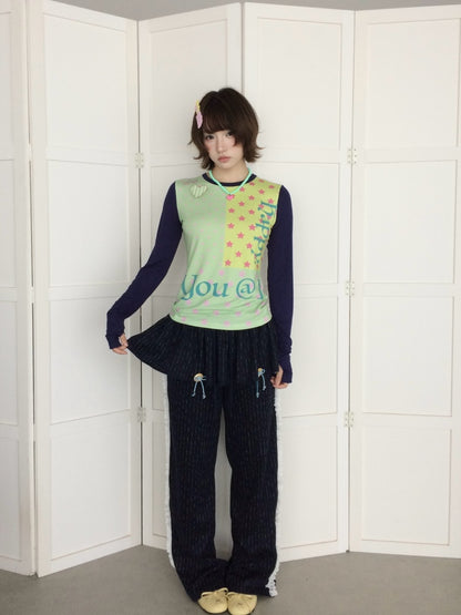 Decorative Buttons Vertical Striped Lace Brushed Loose Straight-Leg Slimming Skirt Pants【s0000018949】