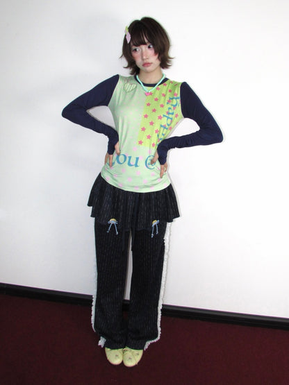 Decorative Buttons Vertical Striped Lace Brushed Loose Straight-Leg Slimming Skirt Pants【s0000018949】