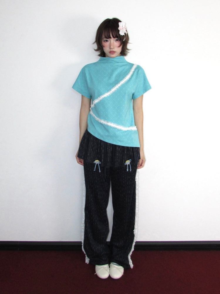 Decorative Buttons Vertical Striped Lace Brushed Loose Straight-Leg Slimming Skirt Pants【s0000018949】