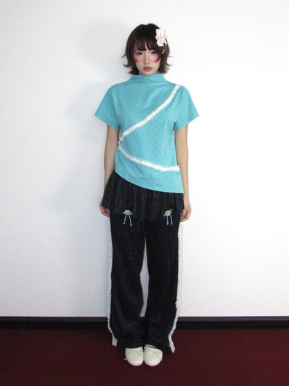 Decorative Buttons Vertical Striped Lace Brushed Loose Straight-Leg Slimming Skirt Pants【s0000018949】