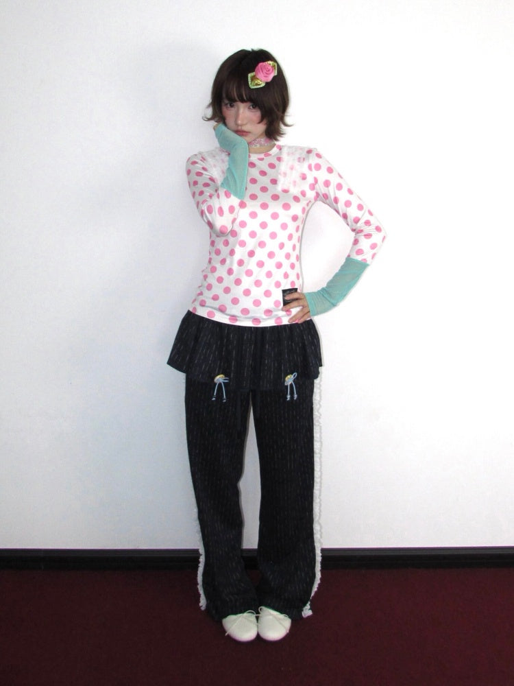 Decorative Buttons Vertical Striped Lace Brushed Loose Straight-Leg Slimming Skirt Pants【s0000018949】