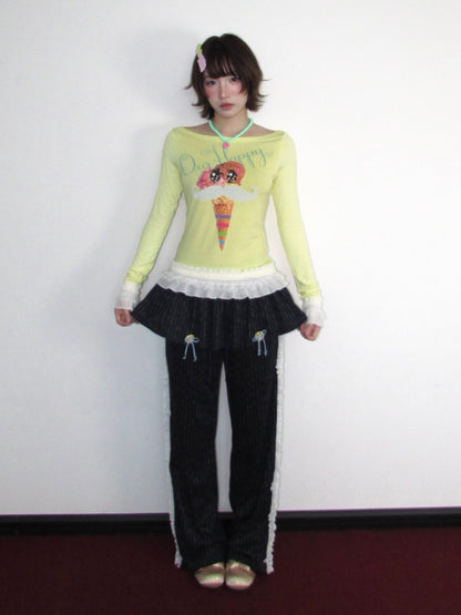 Decorative Buttons Vertical Striped Lace Brushed Loose Straight-Leg Slimming Skirt Pants【s0000018949】