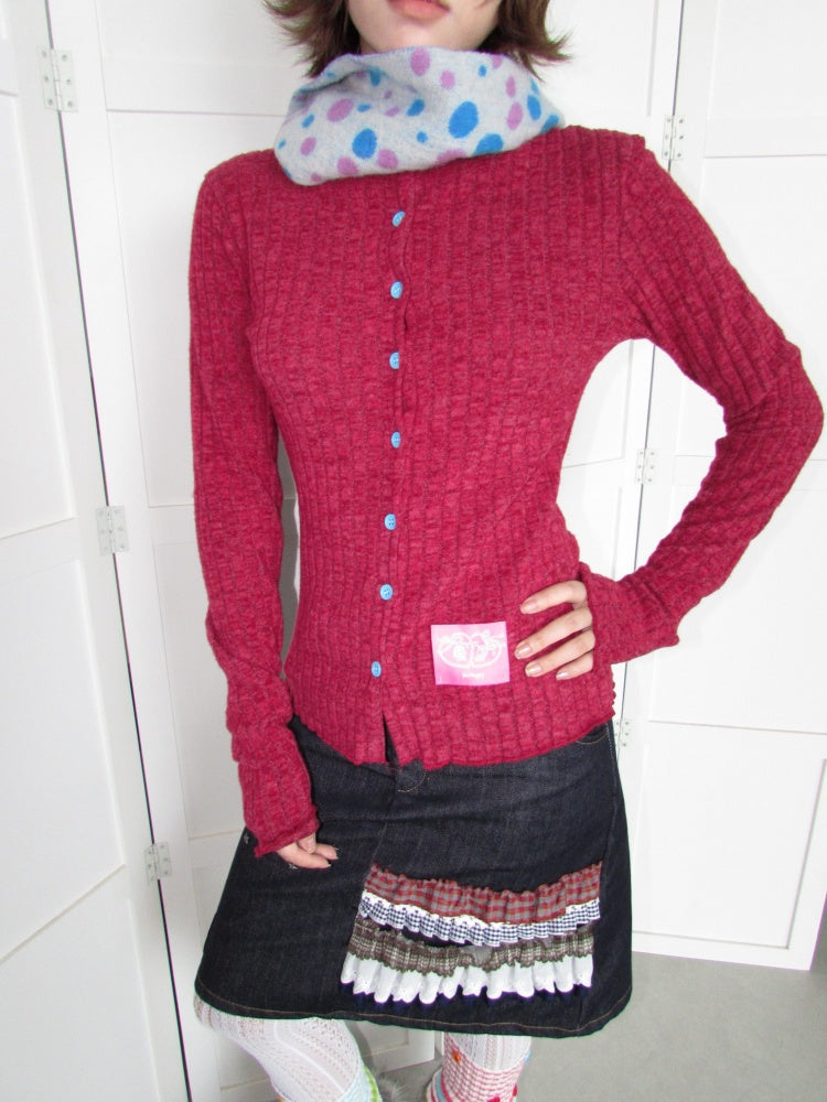 Candy Color Pitted Strip Stretch Wood Ear Flange Knit Cardigan【s0000018950】