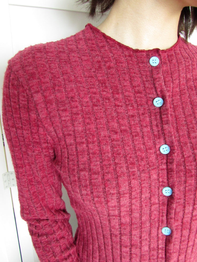 Candy Color Pitted Strip Stretch Wood Ear Flange Knit Cardigan【s0000018950】