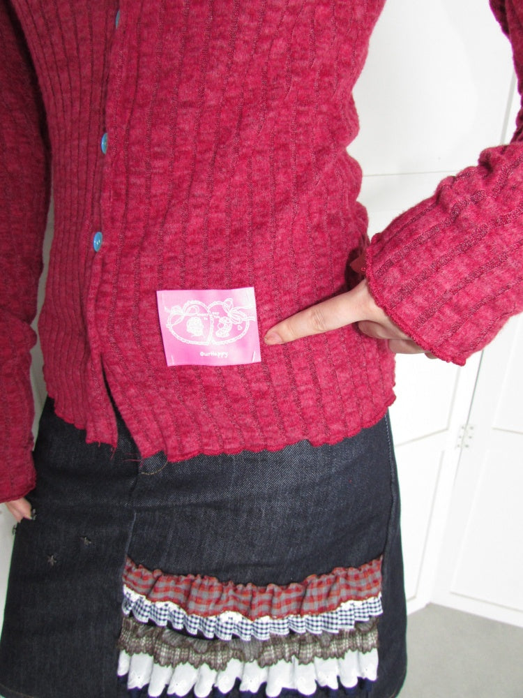 Candy Color Pitted Strip Stretch Wood Ear Flange Knit Cardigan【s0000018950】