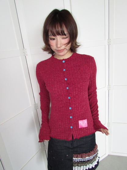 Candy Color Pitted Strip Stretch Wood Ear Flange Knit Cardigan【s0000018950】