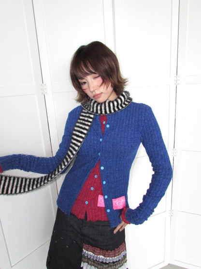 Candy Color Pitted Strip Stretch Wood Ear Flange Knit Cardigan【s0000018950】