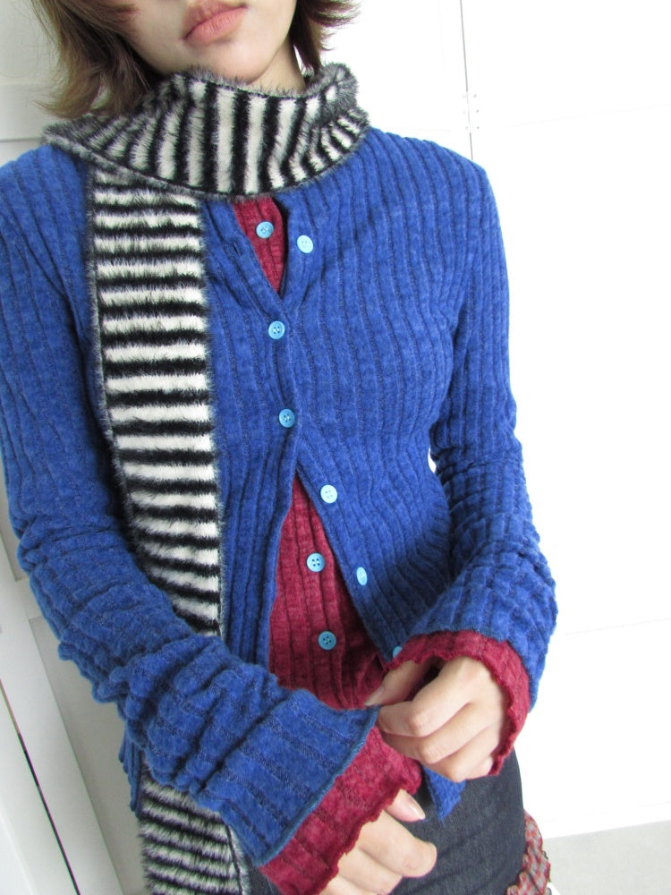 Candy Color Pitted Strip Stretch Wood Ear Flange Knit Cardigan【s0000018950】