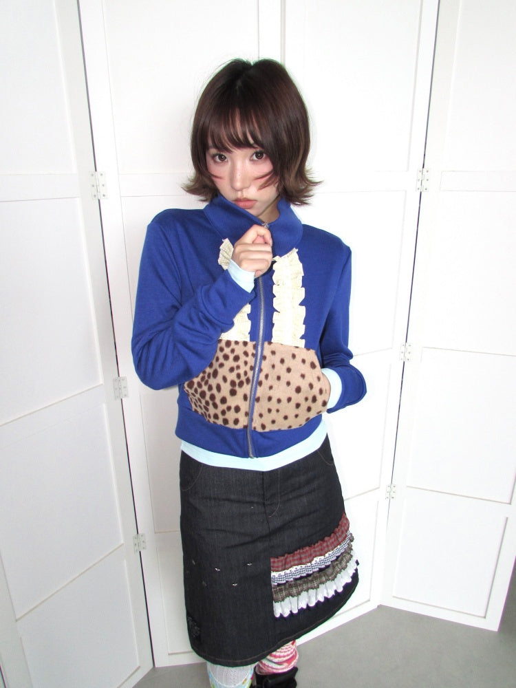 Lace Patchwork Deer Short Jacket Zipper Terry Thin Sweatshirt【s0000018951】