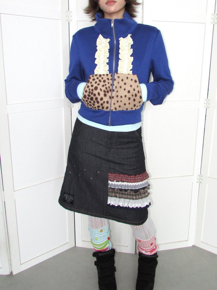 Lace Patchwork Deer Short Jacket Zipper Terry Thin Sweatshirt【s0000018951】